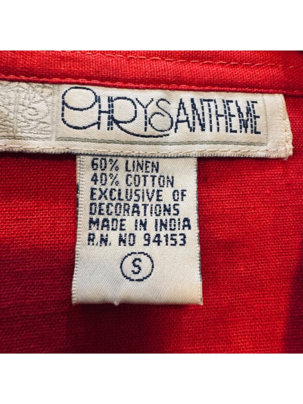 Vintage 90s Linen Blend Top S Color Block Black Red Applique Grannycore Artsy - Picture 7 of 8